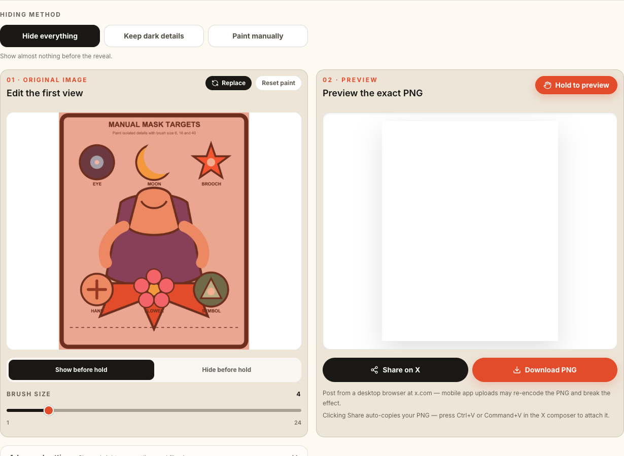 One image reveal editor showing the Hiding method, editable first view, and live hold preview