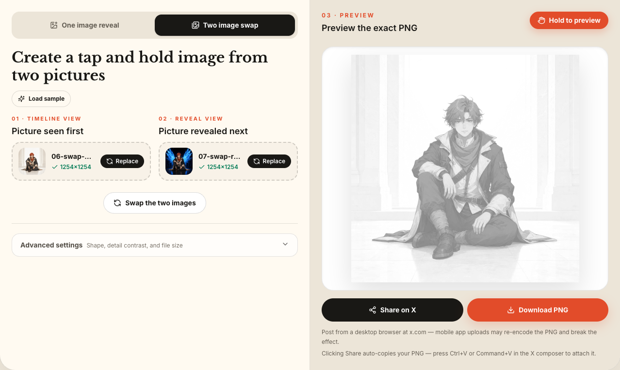 Two image swap editor showing the first picture, reveal picture, and live hold preview